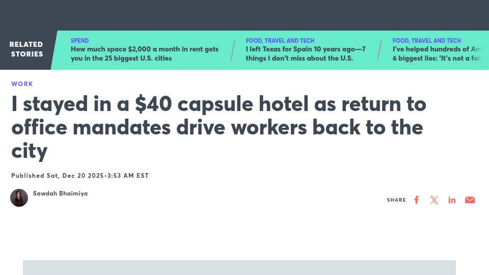 Screenshot of cnbc.com: I stayed in a $40 capsule hotel (London)