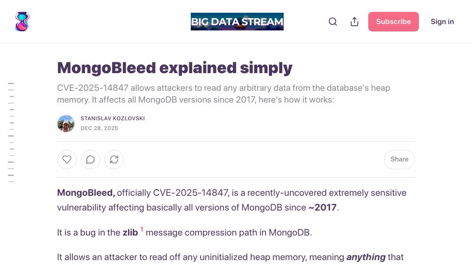 Screenshot of bigdata.2minutestreaming.com: MongoBleed Explained Simply