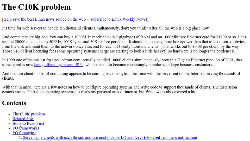 Screenshot of kegel.com: We "solved" C10K years ago yet we keep reinventing it (2003)