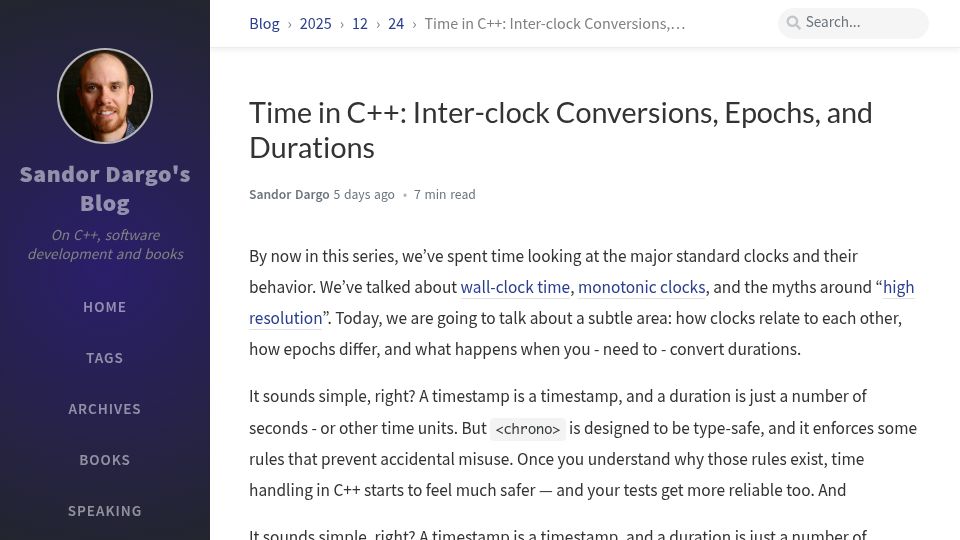 Screenshot of sandordargo.com: Time in C++: Inter-Clock Conversions, Epochs, and Durations