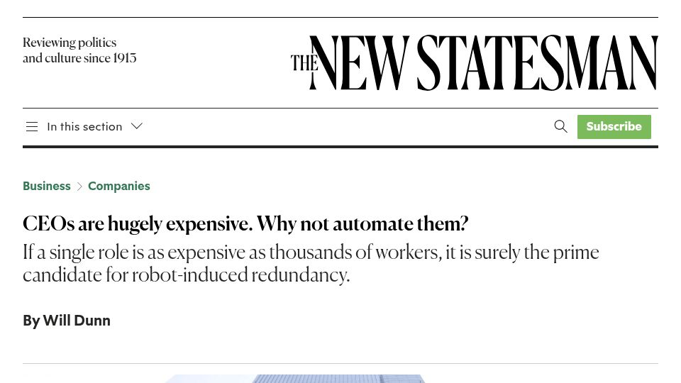 Screenshot of newstatesman.com: CEOs are hugely expensive. Why not automate them?