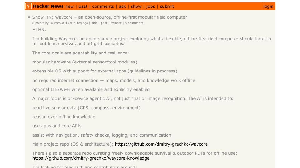 Screenshot of Hacker News post: Show HN: Waycore – an open-source, offline-first modular field computer