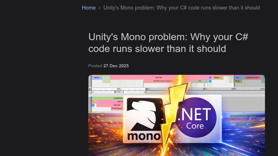 Screenshot of marekfiser.com: Unity's Mono problem: Why your C# code runs slower than it should