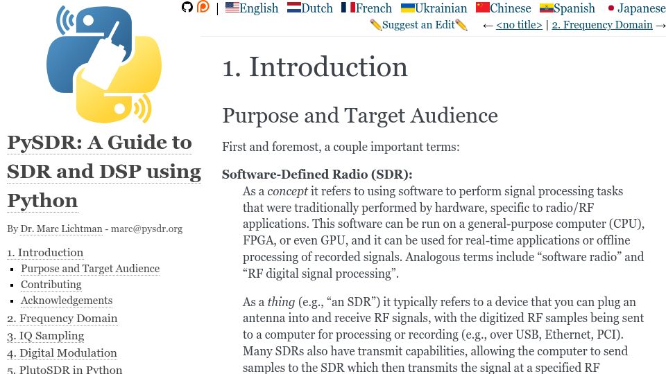 Screenshot of pysdr.org: PySDR: A Guide to SDR and DSP Using Python