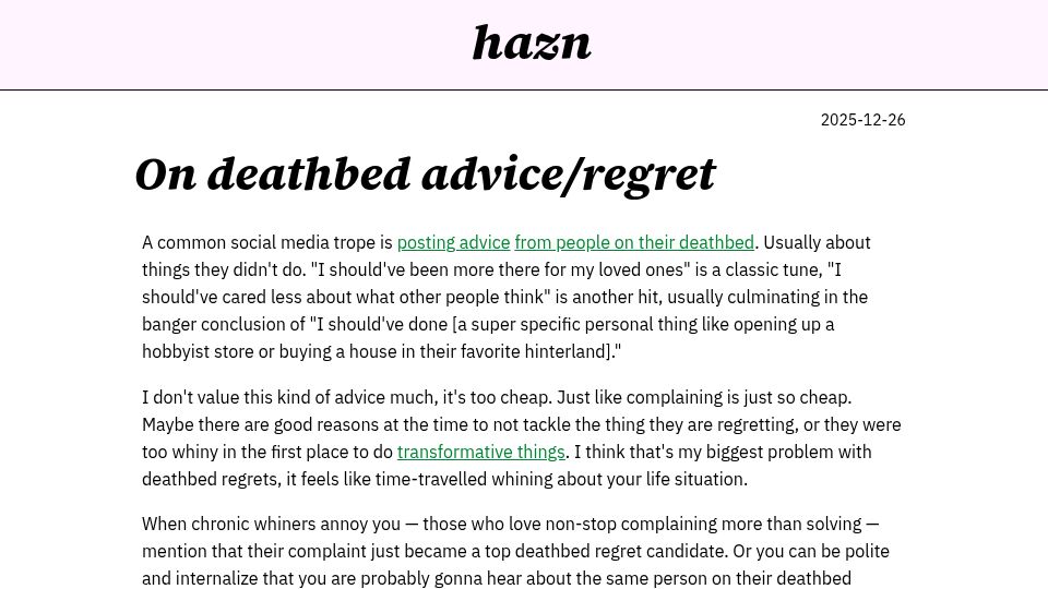 Screenshot of hazn.com: Deathbed Advice/Regret