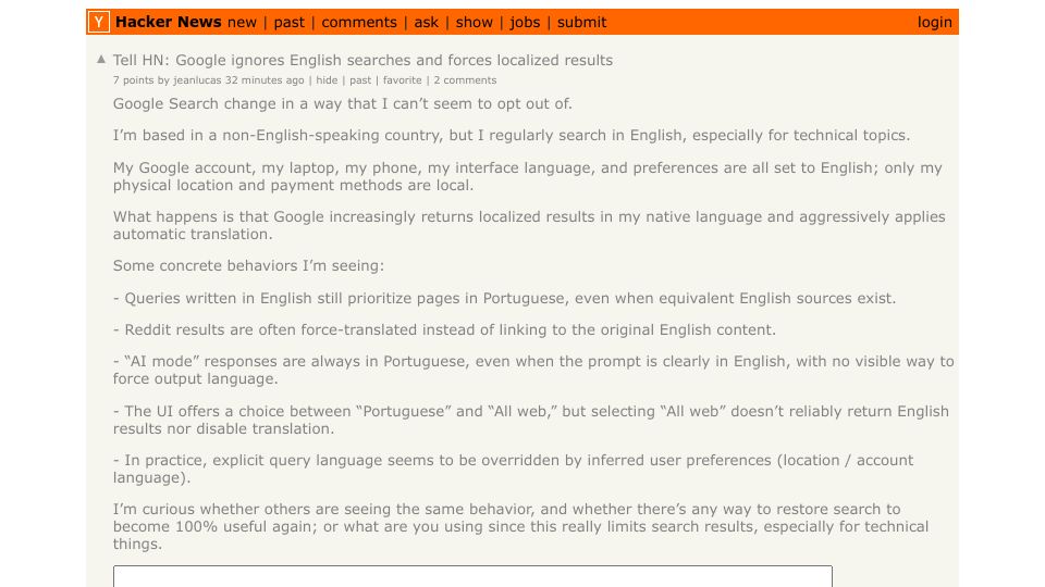 Screenshot of Hacker News post: Tell HN: Google ignores English searches and forces localized results