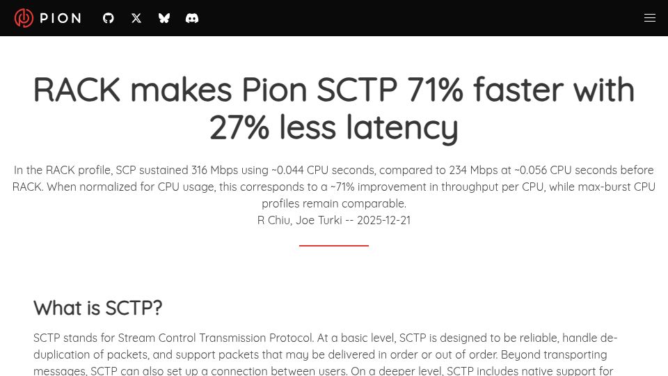 Screenshot of pion.ly: Show HN: Pion SCTP with RACK is 70% faster with 30% less latency