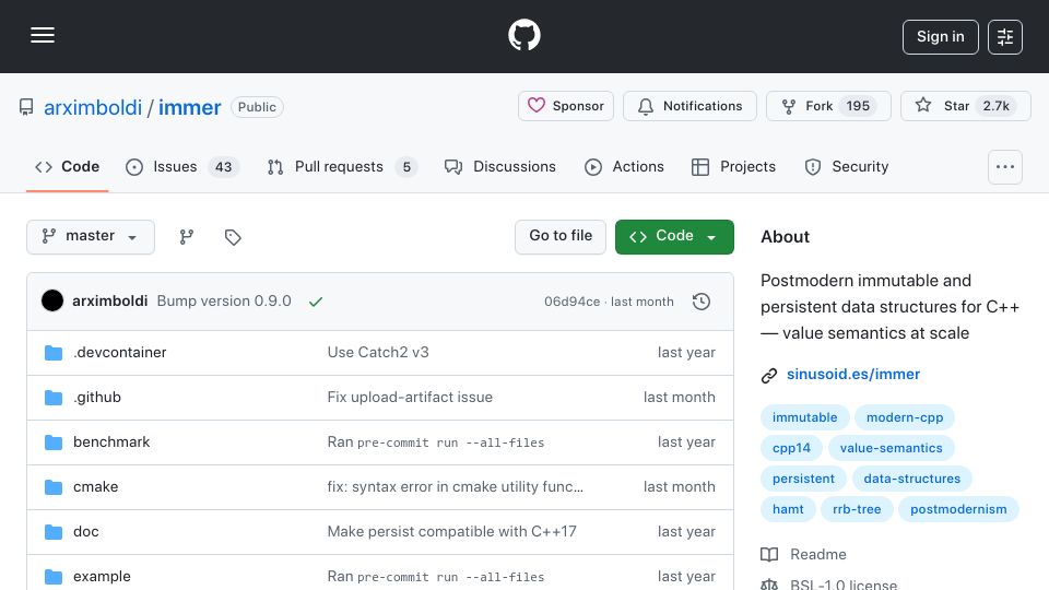 Screenshot of github.com: Immer – A library of persistent and immutable data structures written in C++