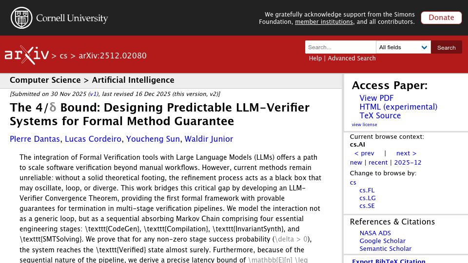 Screenshot of arxiv.org: Designing Predictable LLM-Verifier Systems for Formal Method Guarantee