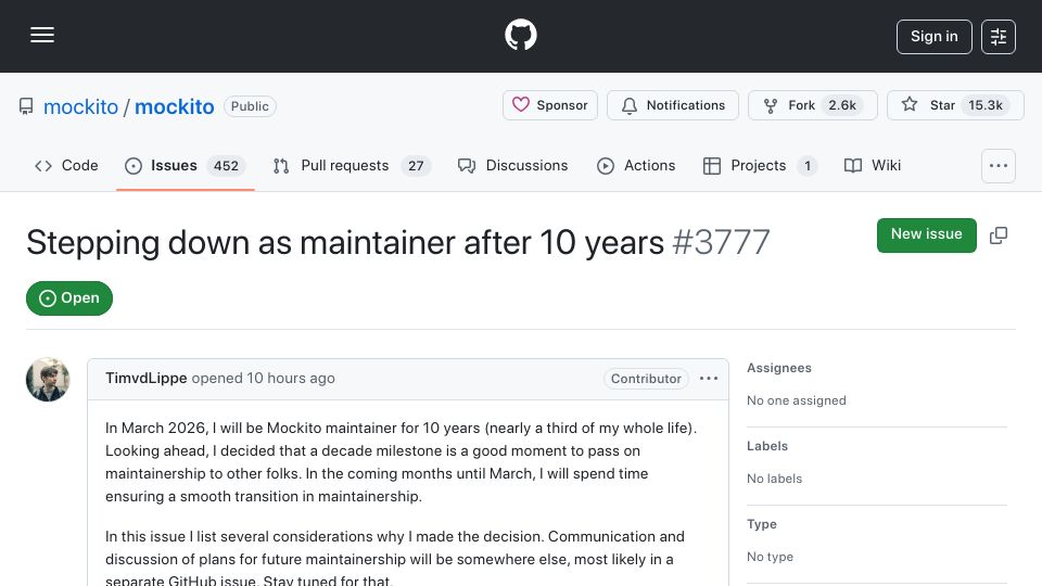 Screenshot of github.com: Stepping down as Mockito maintainer after ten years