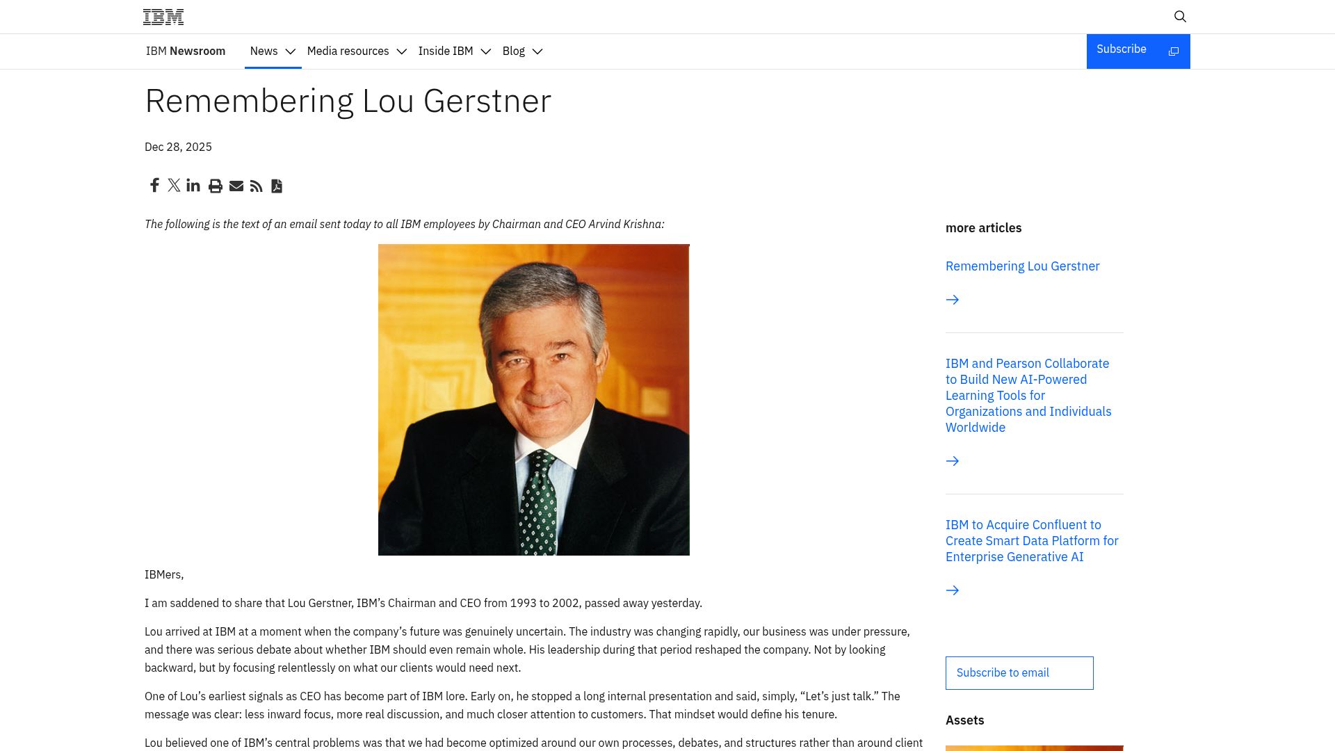 Screenshot of newsroom.ibm.com: Remembering Lou Gerstner