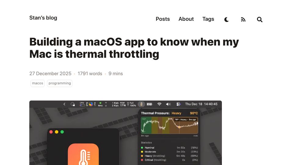 Screenshot of stanislas.blog: Building a macOS app to know when my Mac is thermal throttling