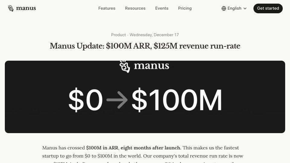 Screenshot of manus.im: Manus AI 100M USD ARR