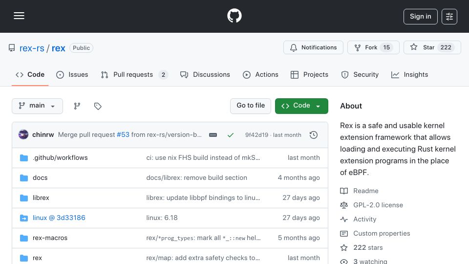 Screenshot of github.com: Rex is a safe kernel extension framework that allows Rust in the place of eBPF