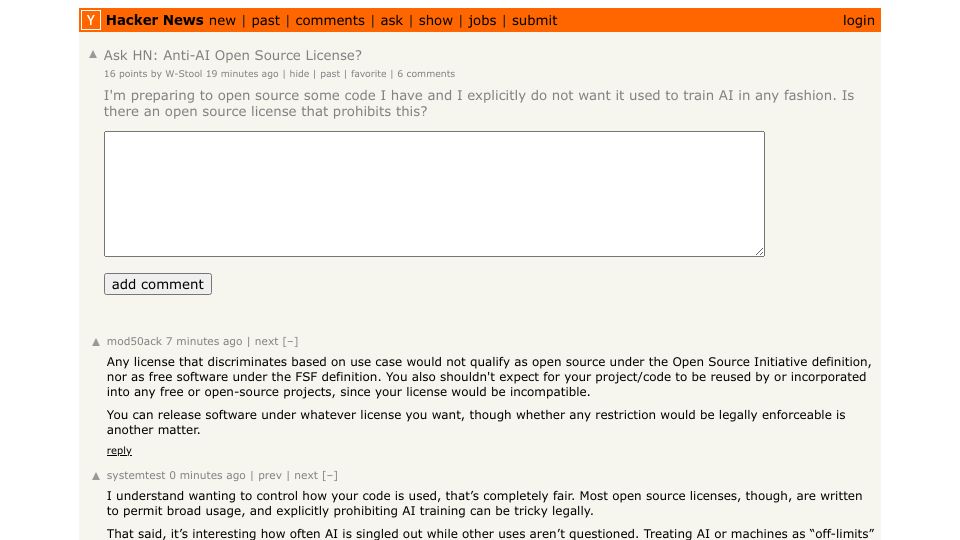 Screenshot of Hacker News post: Ask HN: Anti-AI Open Source License?