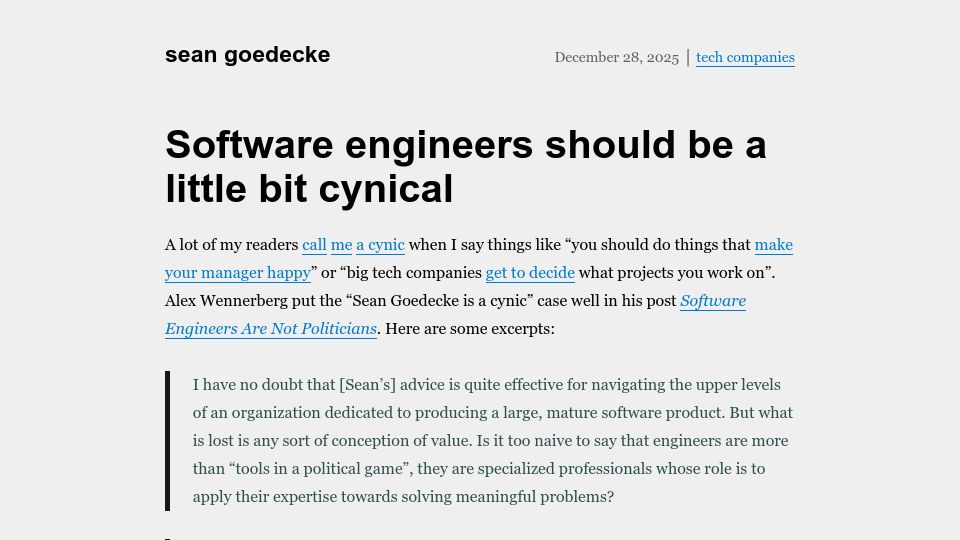 Screenshot of seangoedecke.com: Software engineers should be a little bit cynical
