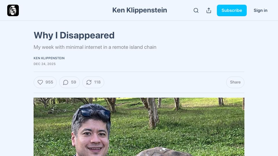 Screenshot of kenklippenstein.com: Why I Disappeared – My week with minimal internet in a remote island chain