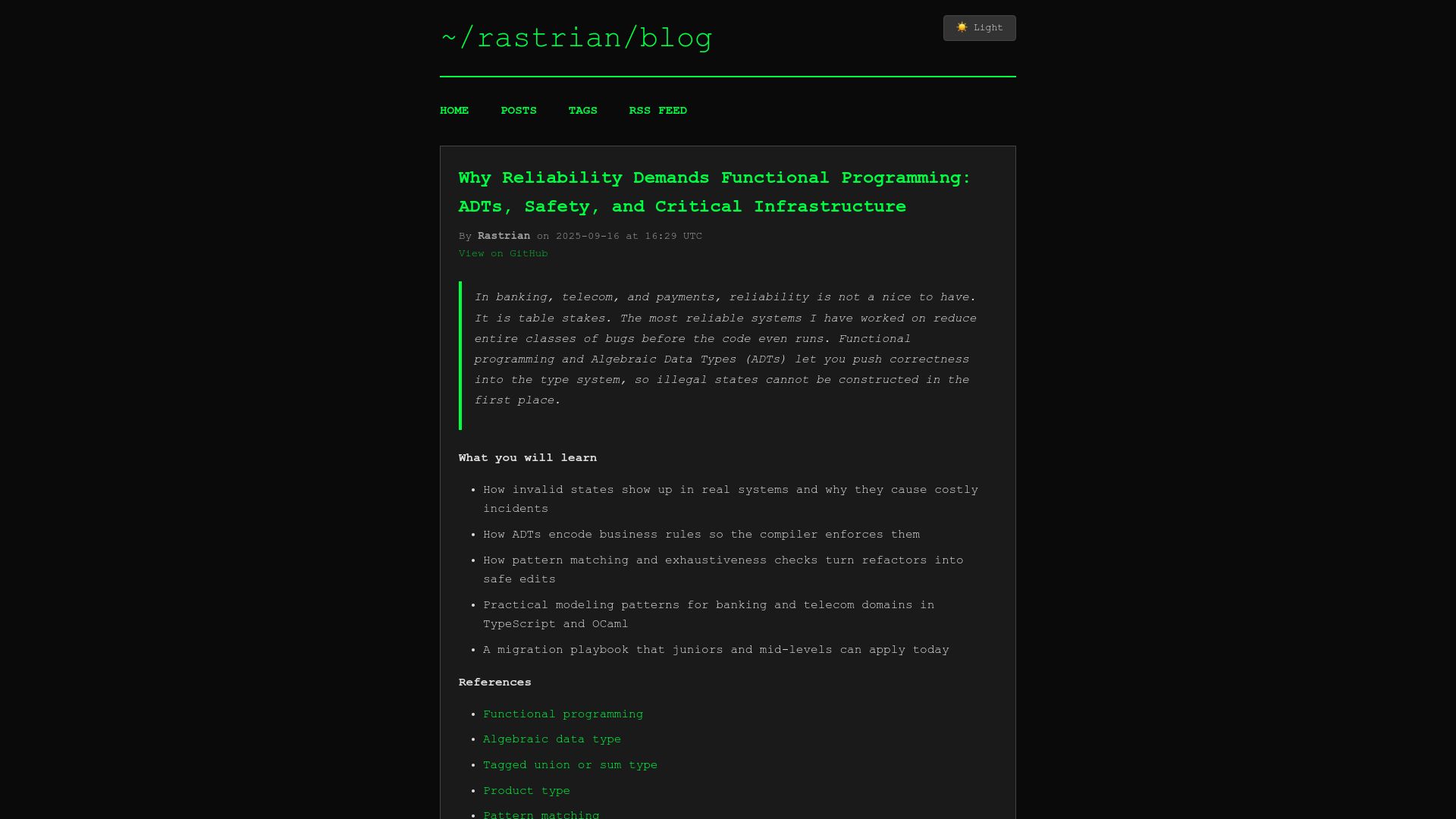 Screenshot of blog.rastrian.dev: Functional programming and reliability: ADTs, safety, critical infrastructure