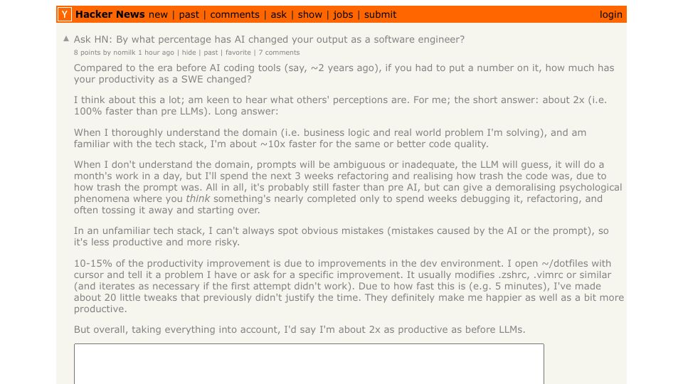 Screenshot of Hacker News post: Ask HN: By what percentage has AI changed your output as a software engineer?
