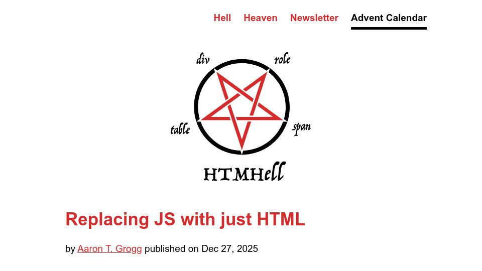 Screenshot of htmhell.dev: Replacing JavaScript with Just HTML