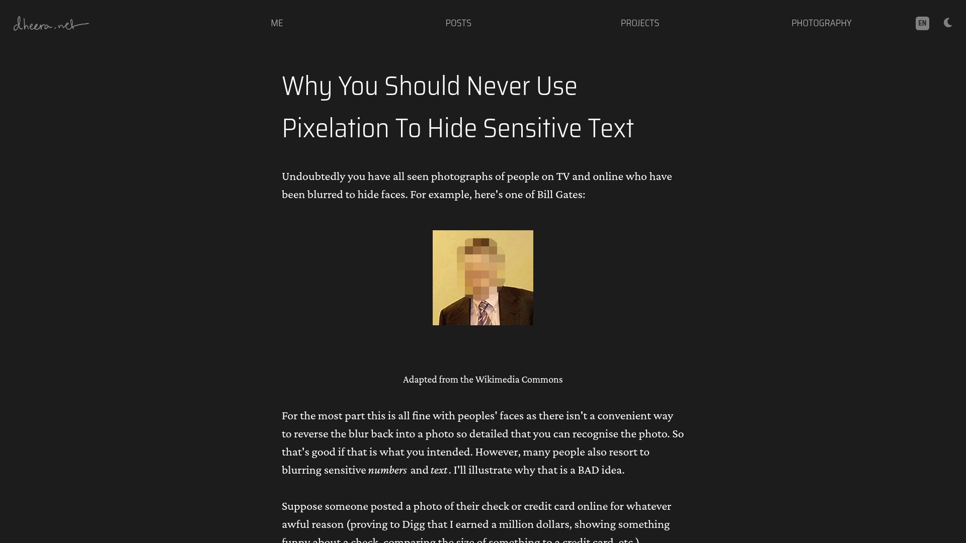 Screenshot of dheera.net: Never Use Pixelation to Hide Sensitive Text (2014)