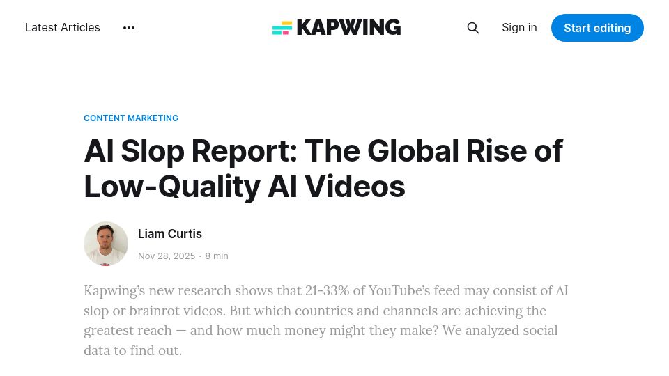 Screenshot of kapwing.com: A new research shows that 21-33% of YouTube's feed may consist of AI slop