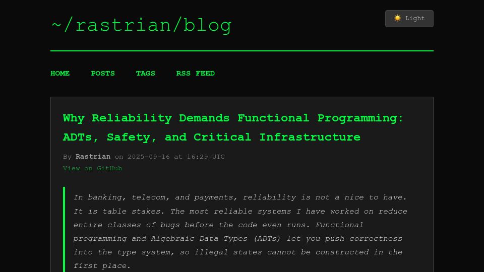 Screenshot of blog.rastrian.dev: Functional programming and reliability: ADTs, safety, critical infrastructure