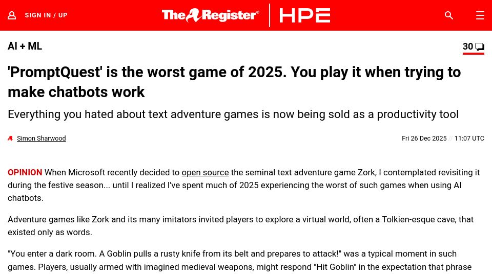 Screenshot of theregister.com: 'PromptQuest' is the worst game of 2025 (trying to make chatbots work)