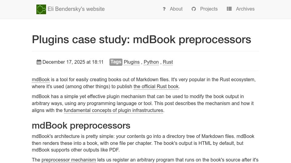 Screenshot of eli.thegreenplace.net: Plugins case study: mdBook preprocessors