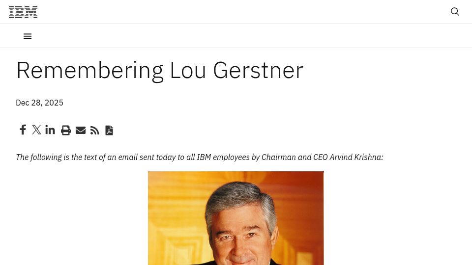 Screenshot of newsroom.ibm.com: Remembering Lou Gerstner