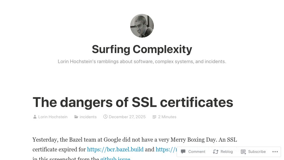 Screenshot of surfingcomplexity.blog: The Dangers of SSL Certificates