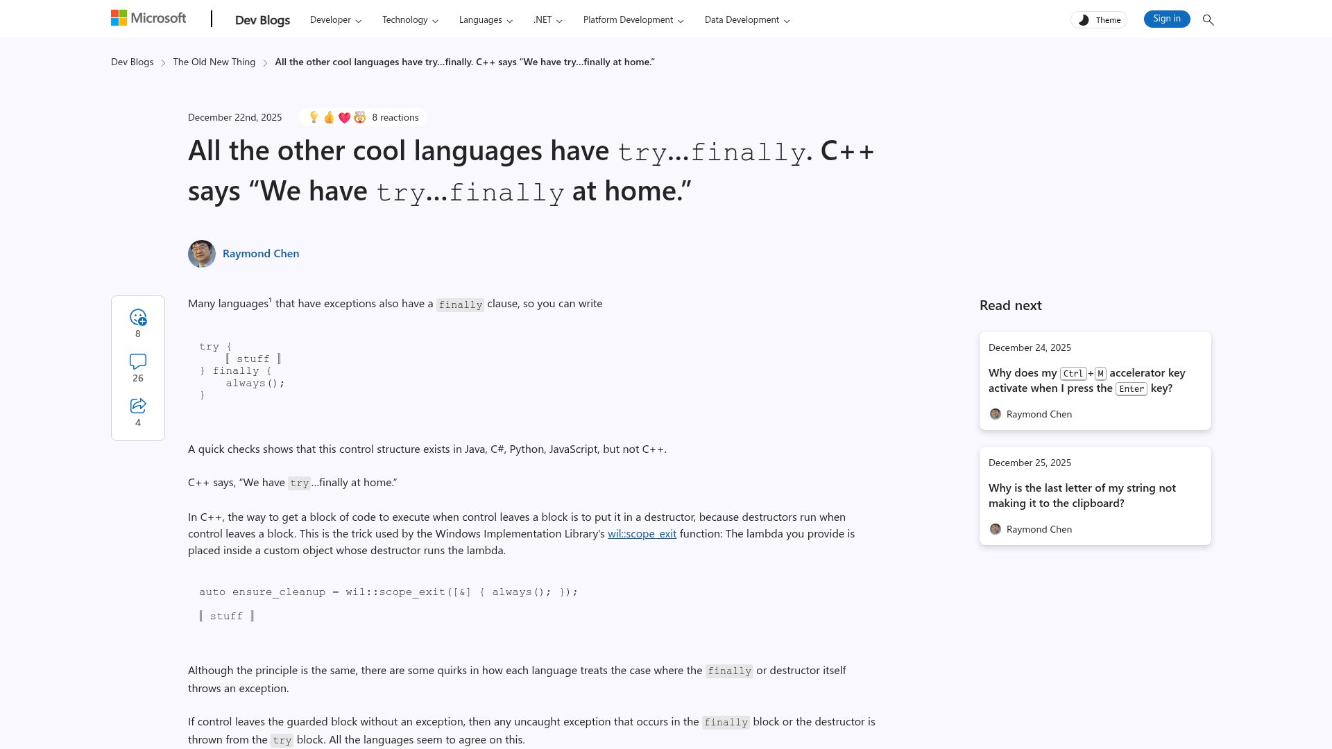 Screenshot of devblogs.microsoft.com: C++ says “We have try... finally at home”
