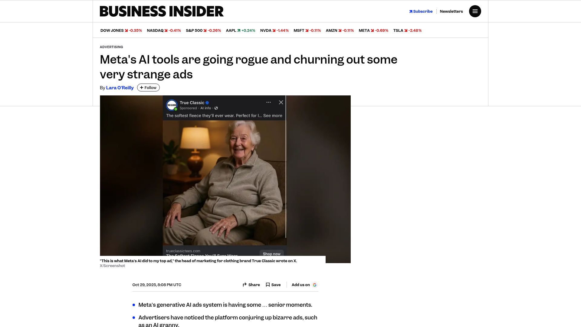 Screenshot of businessinsider.com: Meta's ads tools started switching out top-performing ads with AI-generated ones