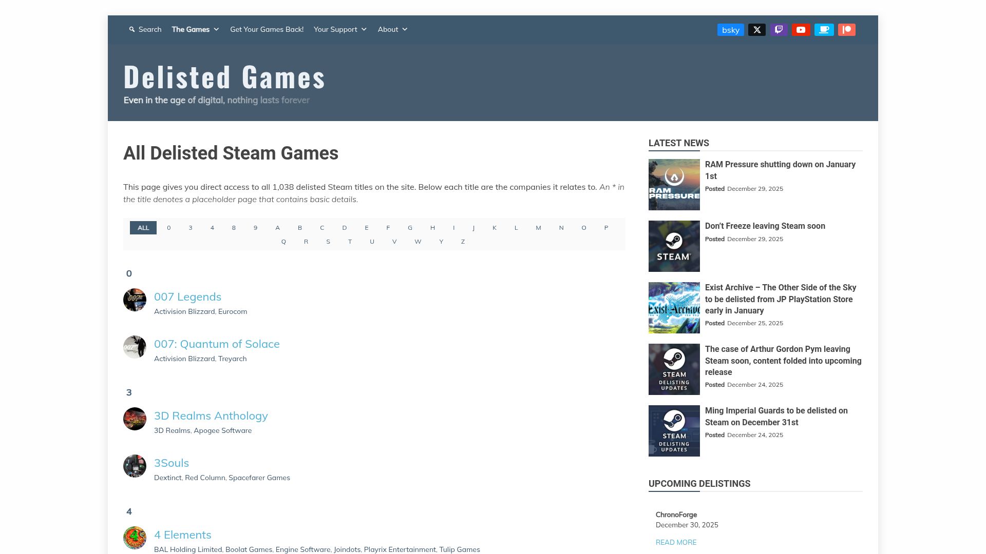 Screenshot of delistedgames.com: All Delisted Steam Games