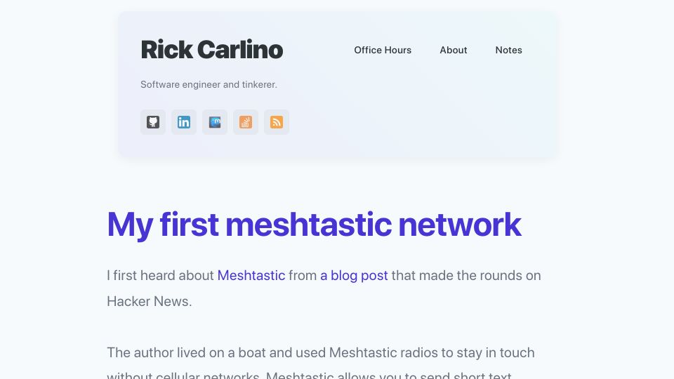 Screenshot of rickcarlino.com: My First Meshtastic Network