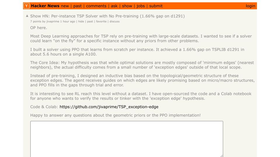 Screenshot of Hacker News post: Show HN: Per-instance TSP Solver with No Pre-training (1.66% gap on d1291)