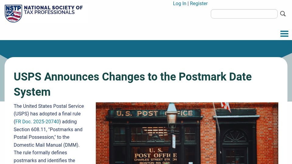 Screenshot of nstp.org: USPS announces changes to the postmark date system