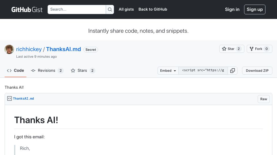 Screenshot of gist.github.com: Rich Hickey: Thanks AI