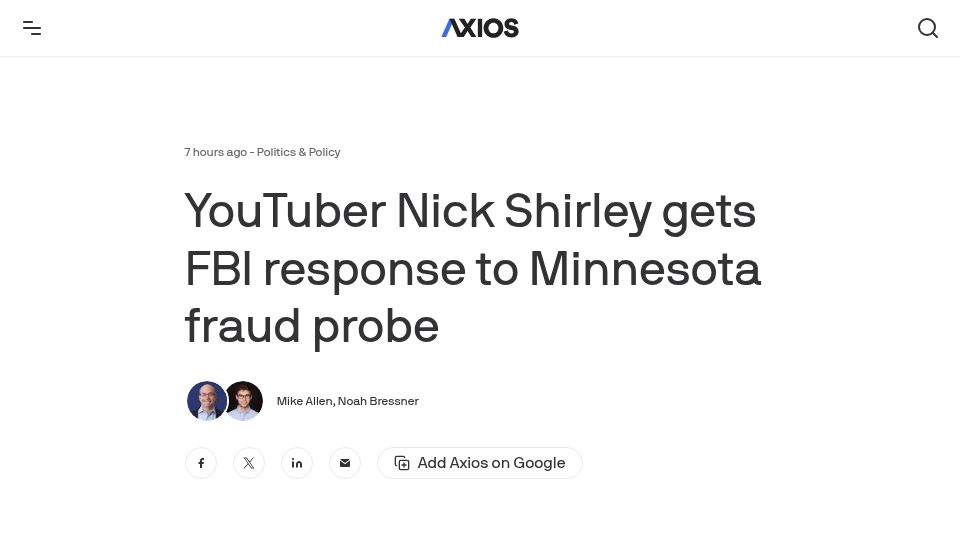 Screenshot of axios.com: FBI Response to Minnesota Fraud Allegations