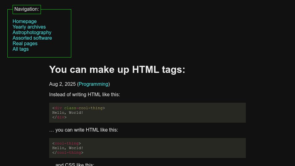Screenshot of maurycyz.com: You can make up HTML tags
