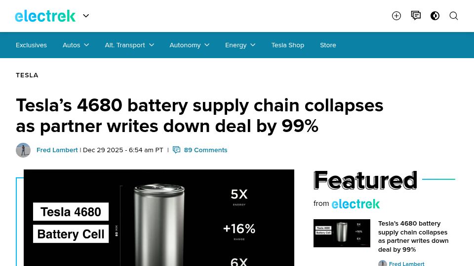 Screenshot of electrek.co: Tesla’s 4680 battery supply chain collapses as partner writes down deal by 99%