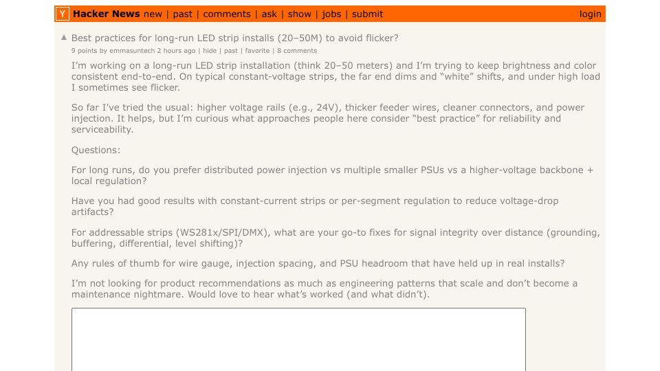 Screenshot of Hacker News post: Best practices for long-run LED strip installs (20–50M) to avoid flicker?