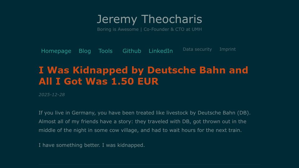 Screenshot of theocharis.dev: Kidnapped by Deutsche Bahn