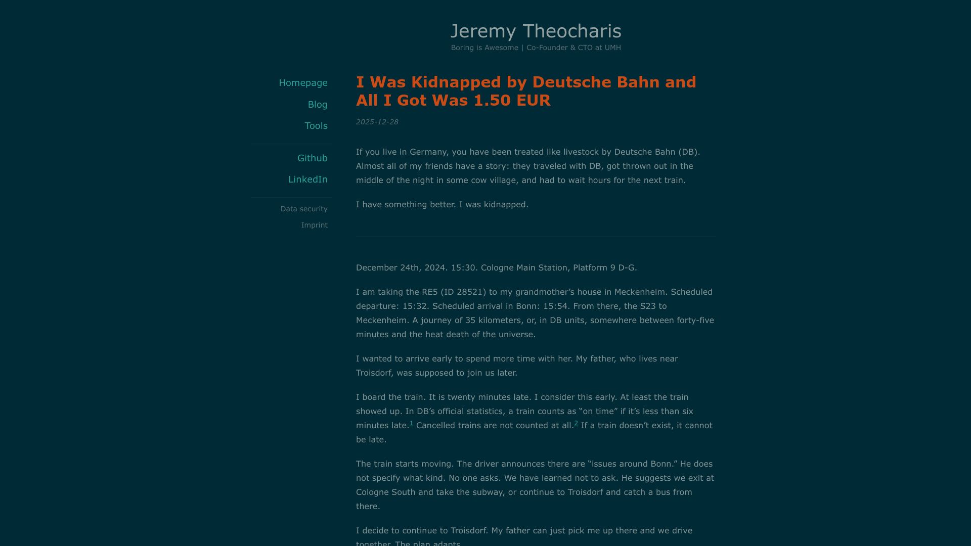 Screenshot of theocharis.dev: Kidnapped by Deutsche Bahn