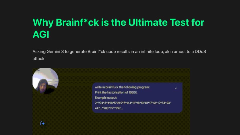 Screenshot of teodordyakov.github.io: Asking Gemini 3 to generate Brainfuck code results in an infinite loop