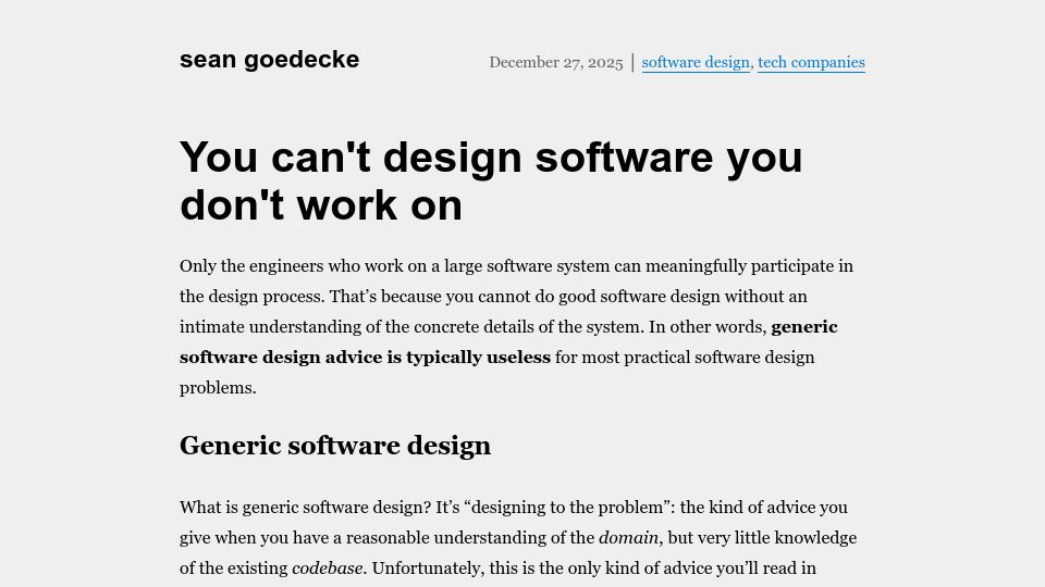 Screenshot of seangoedecke.com: You can't design software you don't work on