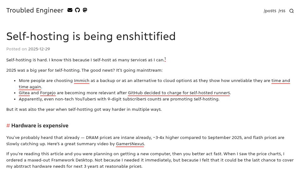 Screenshot of troubled.engineer: Self-hosting is being enshittified