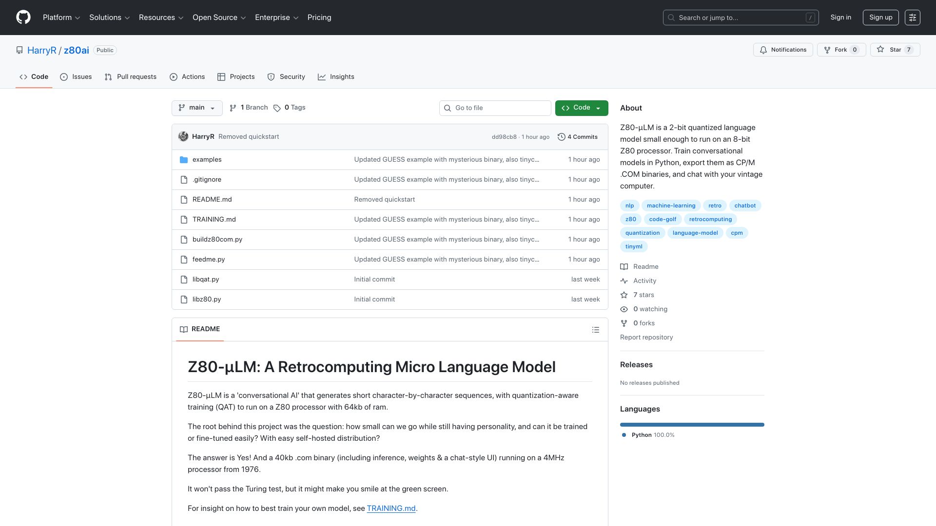 Screenshot of github.com: Show HN: Z80-μLM, a 'Conversational AI' That Fits in 40KB