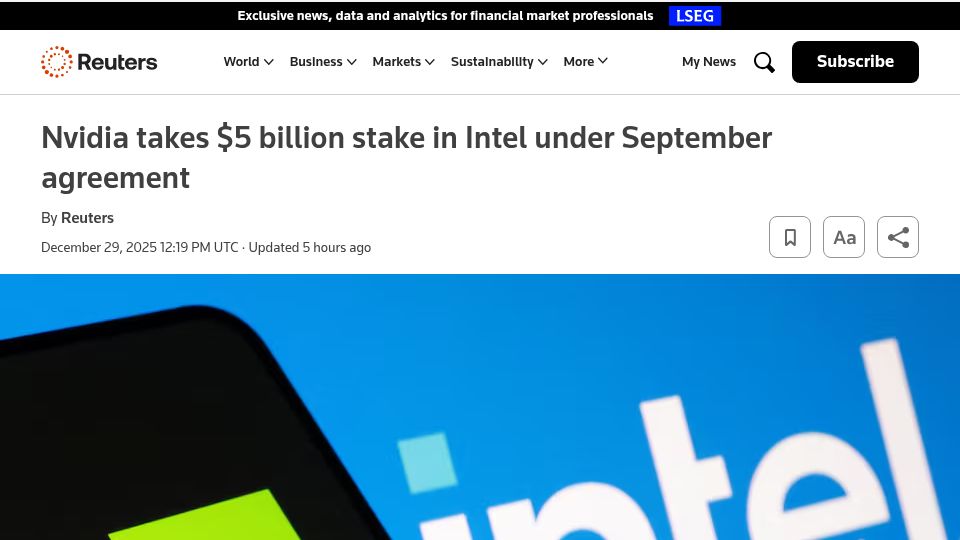 Screenshot of reuters.com: Nvidia takes $5B stake in Intel under September agreement