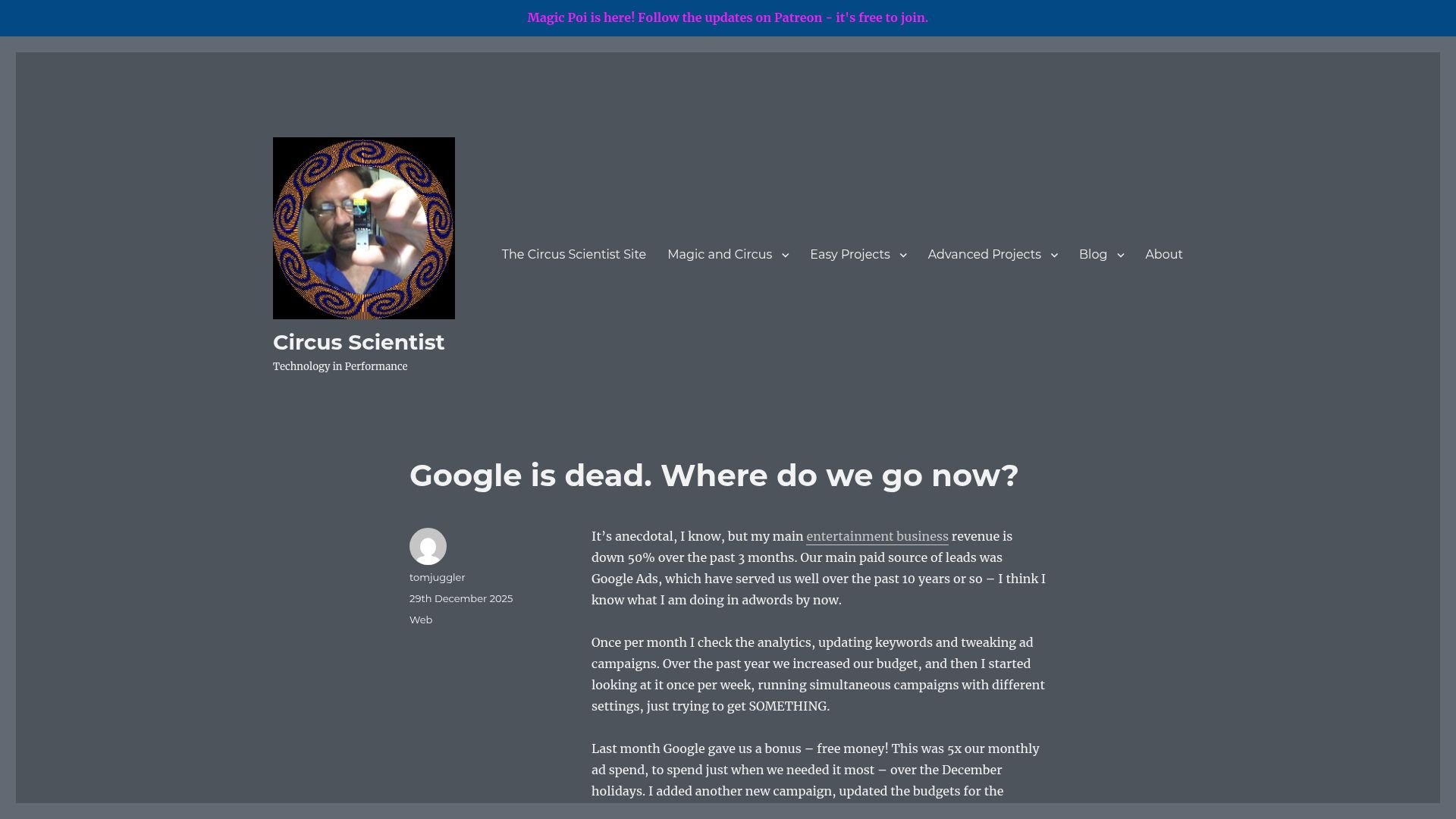 Screenshot of circusscientist.com: Google is dead. Where do we go now?
